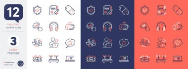 Kahve fincanı seti, metin yazarlığı ve grafik çizelgesi simgeleri. Takım çalışması sürecini, Wiifi 'yi, Web konferans simgelerini içerir. Onaylandı, Sadakat Yıldızı, Video konferans web elemanları. Kulaklıklar. Vektör