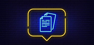 Neon ışığı konuşma balonu. Belge satırı simgesi. Doktor dosya sayfası işareti. Ofis sembolü. Neon ışıklı arka plan. Belgeler ışıldıyor. Tuğla duvar afişi. Vektör