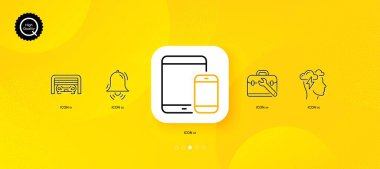 Alet çantası, otopark ve mobil cihazlar en az çizgi simgesi. Sarı soyut arkaplan. Farkındalık stresi, saat çanı simgeleri. İnternet, uygulama, baskı için. Vektör