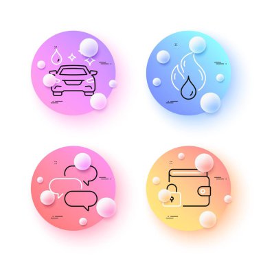 Konuşma balonu, Kilit ve Yanıcı yakıt ikonları. 3 boyutlu küreler ya da top düğmeleri. Araba yıkama ikonları. İnternet, uygulama, baskı için. Sohbet mesajı, engellenmiş cüzdan, yangın yağı. Temizlik servisi. Vektör