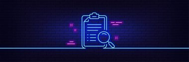 Neon ışık efekti. Arama analiz çizgisi simgesi. Belge işaretini bul. Camı büyüt. 3D çizgi neon ışıklı ikon. Tuğla duvar afişi. Arama analizi özeti. Vektör