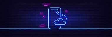 Neon ışık efekti. Akıllı telefon bulut çizgisi simgesi. Telefon yedekleme işareti. Mobil cihaz sembolü. 3D çizgi neon ışıklı ikon. Tuğla duvar afişi. Akıllı telefon bulut taslağı. Vektör