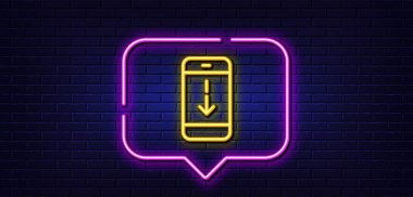 Neon ışığı konuşma balonu. Telefon hattı simgesini aşağı kaydır. Kaydırma ekranı işareti. Sayfayı aç. Neon ışıklı arka plan. Parlak çizgiyi aşağı kaydır. Tuğla duvar afişi. Vektör