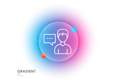 Kullanıcı iletişim hattı simgesi. Gradyan bulanıklık düğmesi ve cam morfizmi. Sohbet balonu işareti olan bir erkek. İnsan silueti sembolü. Şeffaf cam tasarımı. Kişi konuşma çizgisi simgesi. Vektör