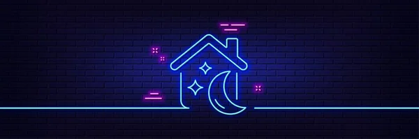 Neon Light Glow Effect Sleep Line Icon Night House Sign — Stock Vector