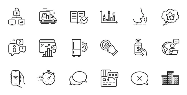 調査結果の概要 Webアプリケーションのための冷蔵庫タイマーと電話決済ラインアイコンのセット トーク 配送トラックの概要アイコン ベクトル — ストックベクタ