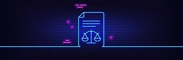 Neon Licht Gloed Effect Juridische Documenten Lijn Pictogram Gerechtigheidsschalen Tekenen — Stockvector