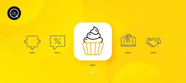 Puzzle Cupcake Mensaje Descuento Iconos Línea Mínima Fondo Abstracto Amarillo — Vector de stock