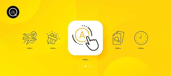 スマイル クロックと最小限のラインアイコンを検査します 黄色の抽象的な背景 Abテスト 確認済みのフライトアイコン Web アプリケーション 印刷用 ギフトボックス 時間または時計 — ストックベクタ