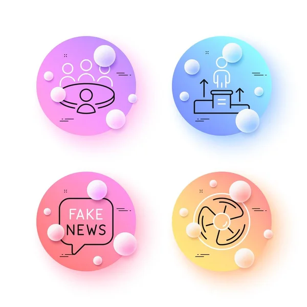 Fake news, Business podium and Meeting minimal line icons. 3d spheres or balls buttons. Air fan icons. For web, application, printing. Wrong fact, Nomination, Human resource. Vector