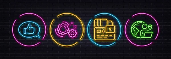 Kártya Visszajelzés Gears Minimális Vonal Ikonok Neon Lézer Fények Munka — Stock Vector