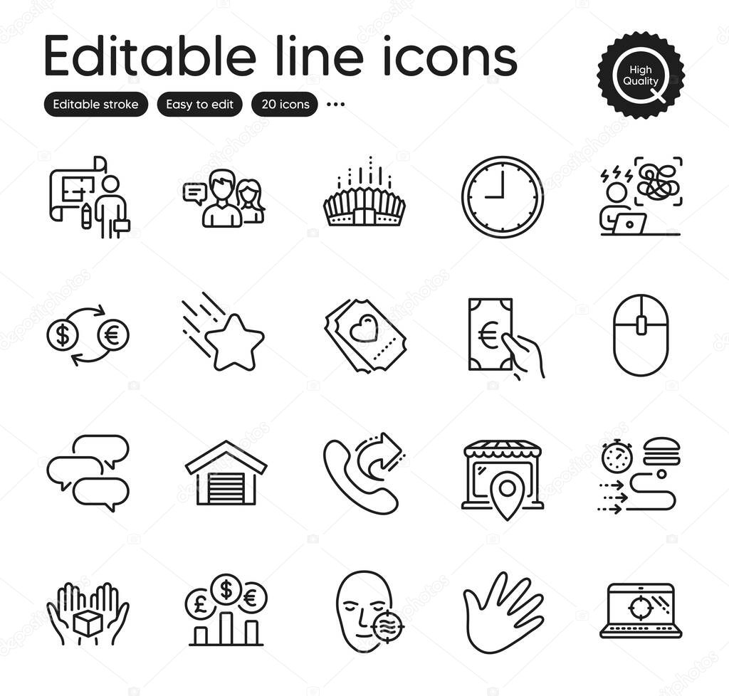 Set of Business outline icons. Contains icons as Plan, Falling star and Parking garage elements. Hold box, Computer mouse, Time web signs. Share call, Problem skin, People talking elements. Vector