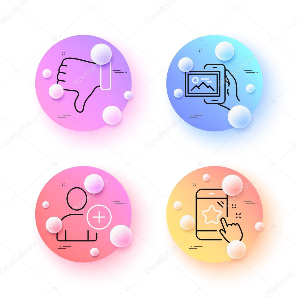 Add user, Star rating and Image album minimal line icons. 3d spheres or balls buttons. Dislike hand icons. For web, application, printing. Profile settings, Phone feedback, Photo app. Vector
