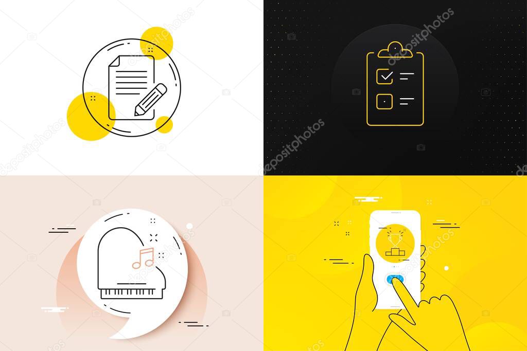 Minimal set of Winner podium, Article and Checklist line icons. Phone screen, Quote banners. Piano icons. For web development. Competition results, Feedback, Questioning clipboard. Fortepiano. Vector