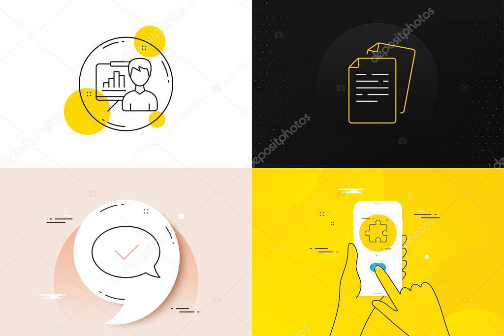Minimal set of Approved message, Documents and Presentation board line icons. Phone screen, Quote banners. Puzzle icons. For web development. Accepted chat, Office file, Growth chart. Vector