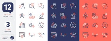 Gears, Cüzdan ve Spanner araç çizgisi simgeleri. Tıbbi analizler, çalışanların sonuçları, paylaşım simgeleri dahil. Zemin lambası, para kazanmak, su ağı elementlerini yeniden doldurmak. Dostum, Denge. Vektör