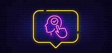 Neon ışığı konuşma balonu. Baş çizgi simgesi. Kullanıcı işaretini seçin. İşaretleme kutusu sembolü. Neon ışıklı arka plan. Kullanıcı parlaklık satırını seç. Tuğla duvar afişi. Vektör
