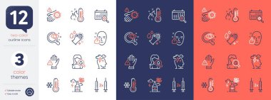 Stres seti, sağlıklı yüz ve görüş sınama çizgisi simgeleri. Nemlendirici krem, el yıkama, el yıkama ikonları dahil. Düşük termometre, alkol bağımlılığı, yüksek termometre ağ elementleri. Vektör