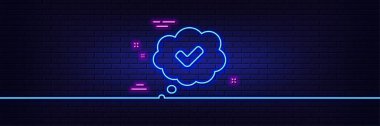 Neon ışık efekti. İşaret çizgisi simgesini kontrol et. Onaylanmış çizgi roman işareti. Konuşma balonu sohbet sembolü. 3D çizgi neon ışıklı ikon. Tuğla duvar afişi. Taslak onaylandı. Vektör