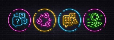 Takım çalışması, Soru baloncukları ve ikili kod simgeleri. Neon lazer 3D ışıklar. Çalışan el simgeleri. İnternet, uygulama, baskı için. İş konferansı, Faq, programlama sohbeti. İş malzemeleri. Vektör