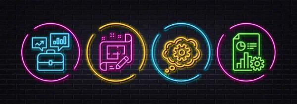 Portefeuille Affaires Cogwheel Architecte Plan Icônes Ligne Minimale Néon Laser — Image vectorielle