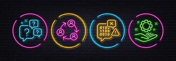 Teamwork Frageblasen Und Binärcode Minimale Zeilensymbole Neon Laser Lichter Handsymbole — Stockvektor