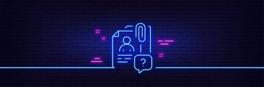 Neon ışık efekti. Çalışan satırı simgesini ara. Mülakat adayı imzası. Soru işareti sembolü. 3D çizgi neon ışıklı ikon. Tuğla duvar afişi. Çalışan taslağını ara. Vektör