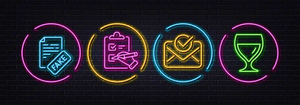 Nep Nieuws Checklist Goedgekeurde Mail Minimale Regel Pictogrammen Neon Laser — Stockvector