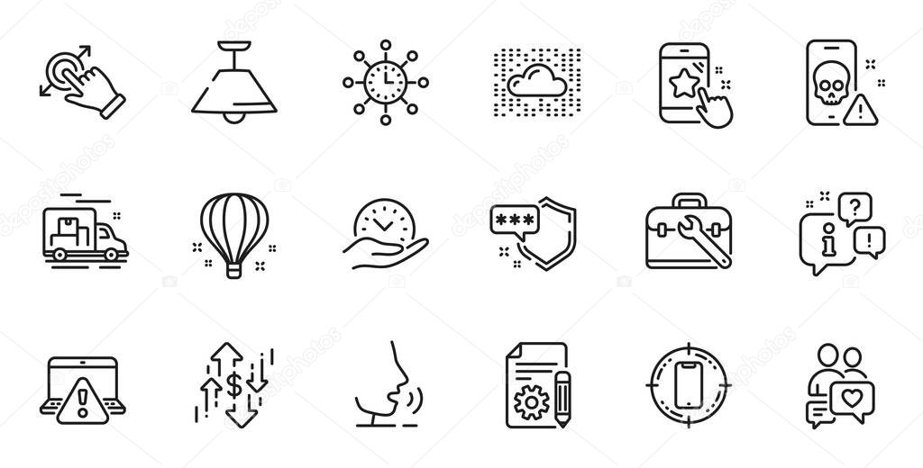 Outline set of Dollar rate, Shield and Cyber attack line icons for web application. Talk, information, delivery truck outline icon. Include Documentation, Safe time, World time icons. Vector
