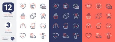 Lezzetli bir gülümseme, sürpriz bir hediye ve şampanya ikonu seti. Cupcake, gülümseme sohbeti, alışveriş arabası ikonları dahil. Dondurma, bulmaca, güzel kız web elementleri. Web fotoğrafı, teslimat indirimi, Road. Vektör