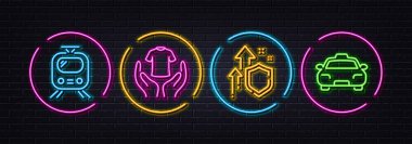 Tren, güvenliği arttırmak ve tişörtü asgari çizgi simgeleri ile tutmak. Neon lazer 3D ışıklar. Taksi ikonları. İnternet, uygulama, baskı için. Tram, yüksek güvenlikli, çamaşırhane gömlekli. Yolcu taşımacılığı. Vektör