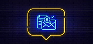 Neon ışığı konuşma balonu. Muhasebe raporu simgesi. Denetim işareti. Finans sembolünü kontrol et. Neon ışıklı arka plan. Muhasebe raporu. Tuğla duvar afişi. Vektör