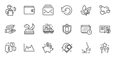 Stars, Diyagram ve web uygulaması için para çizgisi simgelerinin ana hatları. Konuşma, bilgi, teslimat kamyonu taslak ikonu. Akıllı telefon koruması, para cüzdanı, posta simgeleri dahil. Vektör