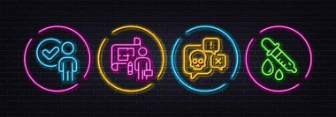 Doğrulama görevlisi, Plan ve Siber saldırılar için minimum çizgi simgeleri. Neon lazer 3D ışıklar. Kimya pipeti simgeleri. İnternet, uygulama, baskı için. Onaylanmış müşteri, Mimar planı, Darknet sohbeti. Vektör