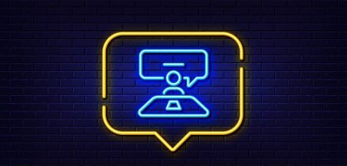 Neon ışığı konuşma balonu. İş görüşmesi simgesi. İşletme yönetim tabelası. İnsan kaynakları sembolü. Neon ışıklı arka plan. Röportaj işi ışık çizgisi. Tuğla duvar afişi. Vektör