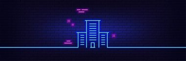 Neon ışık efekti. Üniversite kampüs çizgisi ikonu. Apartman imzası. Mimari binaların sembolü. 3D çizgi neon ışıklı ikon. Tuğla duvar afişi. Üniversite kampüs taslağı. Vektör