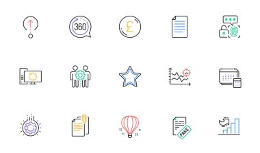 Çalışan takım çalışması, Pound parası ve web sitesi ve baskı için Star line simgeleri. Büyüme grafiği koleksiyonu, Seo analizi, simgeleri toplamak. Dosya, 360 derece, sahte haber ağı unsurları. Dişliler. Vektör