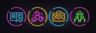 Approved mail, Technical info and Chemistry molecule minimal line icons. Neon laser 3d lights. Inclusion icons. For web, application, printing. Vector clipart