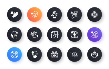 Uyarı simgelerine dokunun. Dokunmayı kes, tıbbi maske tak. Öksürük belirtileri, el yıkama ve dezenfekte etme ikonları. Asansör düğmelerine basma, yüzünü tıbbi maskeyle koru. Web düğmelerini çember yapın. Vektör