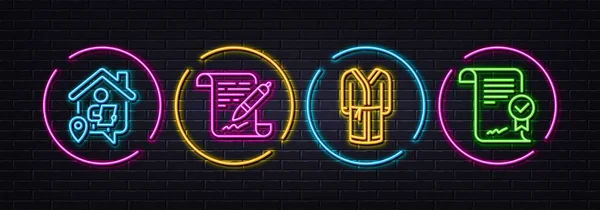 Munka Otthon Fürdőköpeny Megállapodás Dokumentum Minimális Vonal Ikonok Neon Lézer — Stock Vector