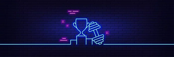 Neon Licht Gloed Effect Dumbbell Met Winnaar Cup Line Icoon — Stockvector