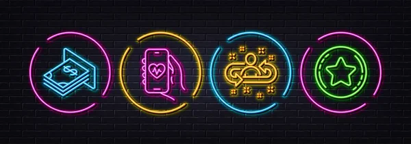 Geldautomaat Werving Gezondheid App Minimale Lijn Pictogrammen Neon Laser Lichten — Stockvector