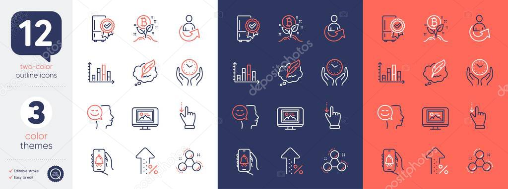Set of Share, Certified refrigerator and Good mood line icons. Include Chemistry molecule, Copyright chat, Safe time icons. Bitcoin project, Touchscreen gesture, Photo thumbnail web elements. Vector