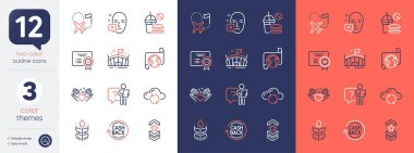 Omuz kayışı, arama çalışanı ve glüten serbest hat simgeleri. Nakit para, sertifika, kalp simgeleri dahil. Yüz gerilemesi, fast food, bulut senkronize web elementleri. Tercüme servisi. Vektör