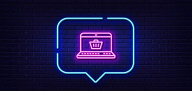 Neon ışığı konuşma balonu. Çevrimiçi alışveriş arabası ikonu. Laptop işareti. Süpermarket sepeti sembolü. Neon ışıklı arka plan. Çevrimiçi alışveriş hattı. Tuğla duvar afişi. Vektör
