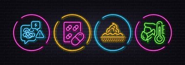 Cilt bakımı, kapsül hapı ve stres çizgisi simgeleri. Neon lazer 3D ışıklar. Hasta adam ikonları. İnternet, uygulama, baskı için. Yüz kremi, ilaç, anksiyete bozukluğu. Sıcaklık. Vektör