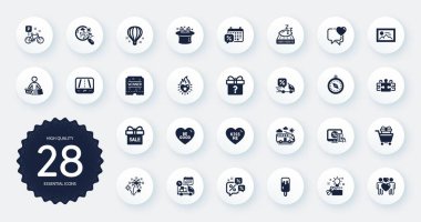 Bilmece, Kazanan bileti ve beni düz simgelerle öp gibi bir dizi tatil ikonu. İndirim takvimi, online alışveriş, alışveriş tramvayı internet elemanları. Şapka numarası, indirim sohbeti, yatak tabelaları. Vektör
