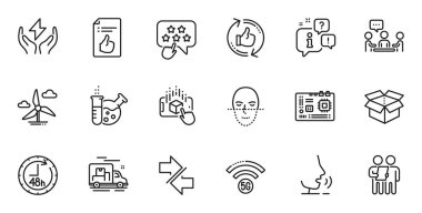 Web uygulaması için ana kart, 5g wifi ve Windmill türbin hattı simgelerinin ana hatları. Konuşma, bilgi, teslimat kamyonu taslak ikonu. Senkronizasyon, Araştırma ve yıldız simgelerini de dahil et. Vektör