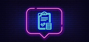 Neon ışığı konuşma balonu. Muhasebe listesi satır simgesi. Hesap makinesi işareti. Finans sembolünü hesapla. Neon ışıklı arka plan. Muhasebe listesi parlama çizgisi. Tuğla duvar afişi. Vektör