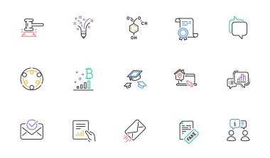 Yargıç Hammer, sahte haberler ve grafik çizelgesi simgeleri web sitesi ve baskı için. Katılım Koleksiyonu, onaylanmış posta, şapka ikonları. İlham, İş Evi, Belge web elementleri. Vektör